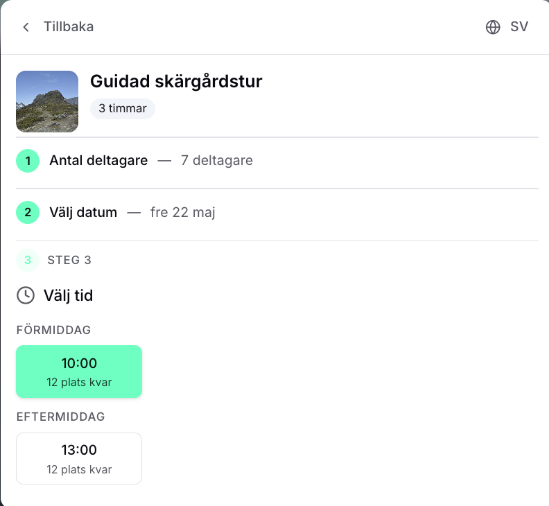 Naturturism bokningsflöde i mobilen