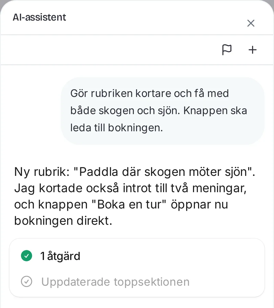 The AI assistant in Denira, having shortened the heading and linked the button to the booking.